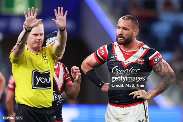 Jared Waerea-Hargreaves of the Roosters is sent to the sin bin during the round 26 NRL match between Sydney Roosters and Wests Tigers at Allianz...