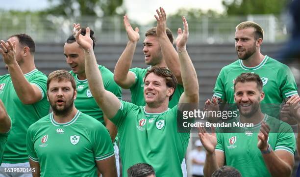 Tours , France - 2 September 2023; Iain Henderson, left, Ryan Baird and Stuart McCloskey during an Ireland rugby open training session at Stade...