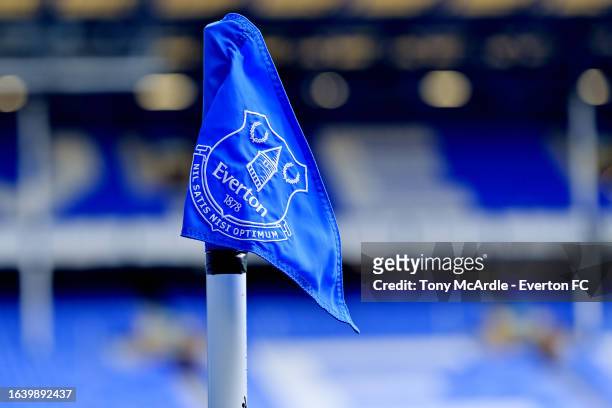 General view of a corner flag at Goodison Park before the Premier League match between Everton FC and Wolverhampton Wanderers at Goodison Park on...