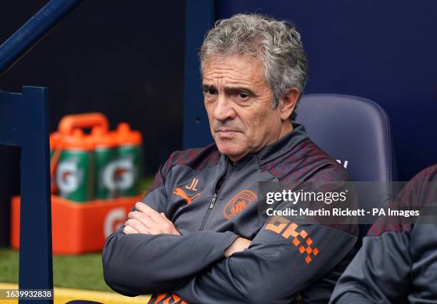 Manchester City assistant manager Juanma Lillo on the touchline in the absences of manager Pep Guardiola during the Premier League match at the...