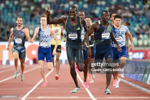 Kenya's Emmanuel Wanyonyi wins ahead of Canada's Marco Arop in the men's 800m final during the IAAF Diamond League athletics meeting at Egret Stadium...