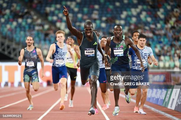 Kenya's Emmanuel Wanyonyi wins ahead of Canada's Marco Arop in the men's 800m final during the IAAF Diamond League athletics meeting at Egret Stadium...