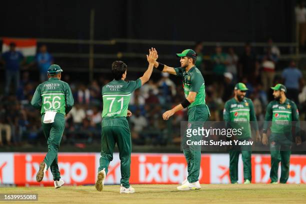 Naseem Shah of Pakistan celebrates after taking the wicket of Shardul Thakur of India during the Asia Cup Group A match between India and Pakistan at...