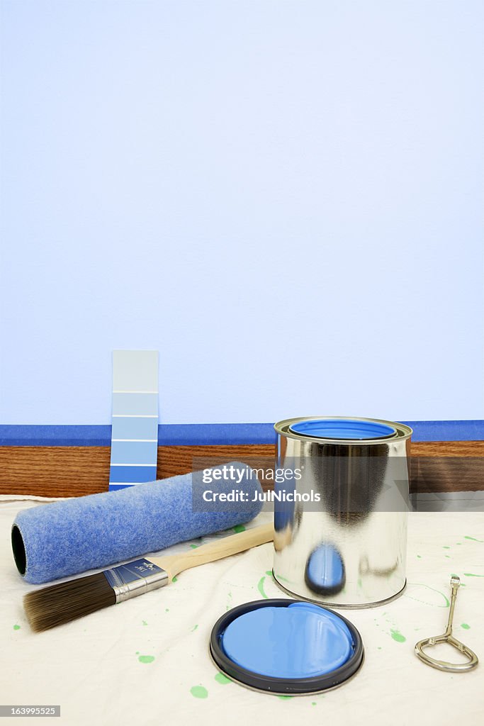 Blue Paint , Paintbrush, and Roller