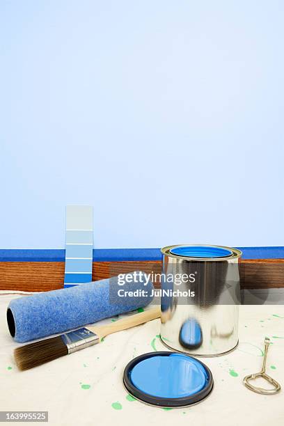 blue paint , paintbrush, and roller - protective sheet stock pictures, royalty-free photos & images