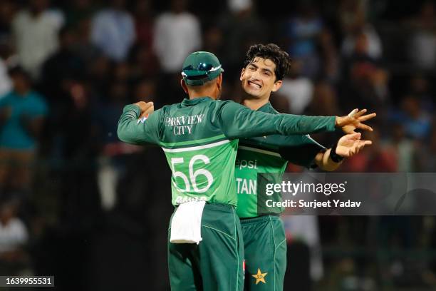 Naseem Shah of Pakistan celebrates after taking the wicket of Shardul Thakur of India during the Asia Cup Group A match between India and Pakistan at...