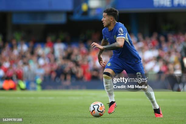 Enzo Fernandez of Chelsea on the ball during the Premier League match between Chelsea FC and Nottingham Forest at Stamford Bridge on September 2,...