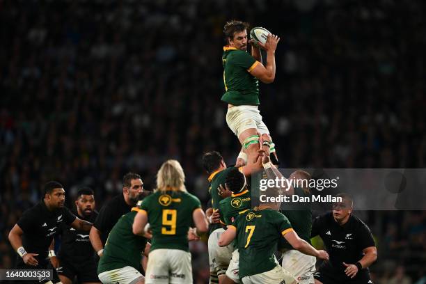 Eben Etzebeth of South Africa claims a lineout during the Summer International match between New Zealand All Blacks v South Africa at Twickenham...