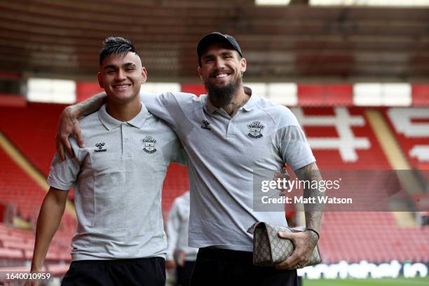 Carlos Alcaraz and Lyanco of Southampton ahead of the Sky Bet Championship match between Southampton FC and Queens Park Rangers at St. Mary's Stadium...