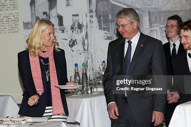 Princess Mette-Marit of Norway and the Mayor of Oslo Fabian Stang visit the Scandic Vulkan Hotel on March 19, 2013 in Oslo, Norway.