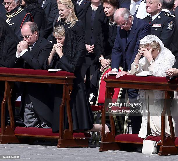 Prince Albert II of Monaco, Princess Charlene, Albert II of Belgium and Queen Paola of Belgium attend the Inauguration Mass of Pope Francis in St....