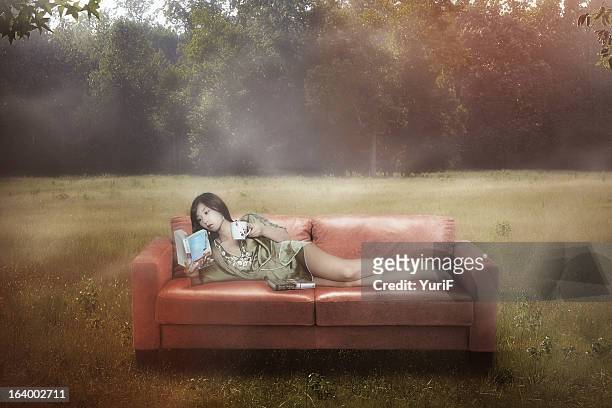 woman reading a book on a couch. - poquoson stock pictures, royalty-free photos & images