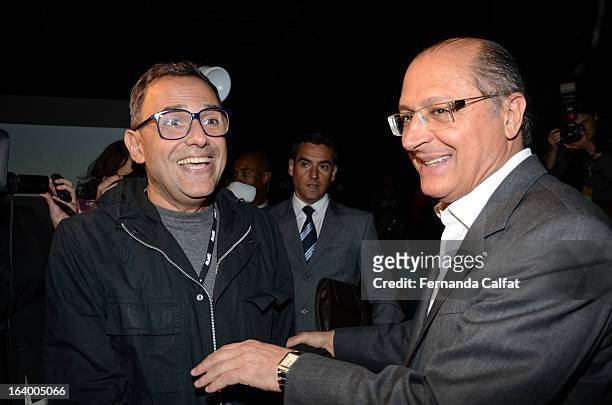 Paulo Borges and Geraldo Alckmin arrive on the front row during Cavalera show - Sao Paulo Fashion Week Summer 2013/2014 on March 18, 2013 in Sao...