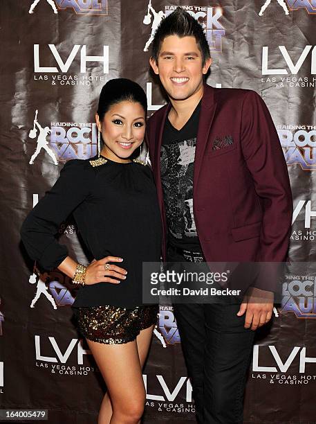 Singers Jasmine Trias and Ben Stone arrive at the grand opening of "Raiding the Rock Vault" at the Las Vegas Hotel & Casino on March 18, 2013 in Las...