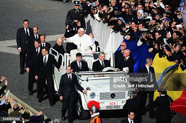 Pope Francis makes his way around St Peter’s Square on March 19, 2013 in Vatican City, Vatican. The inauguration of Pope Francis is being held in...