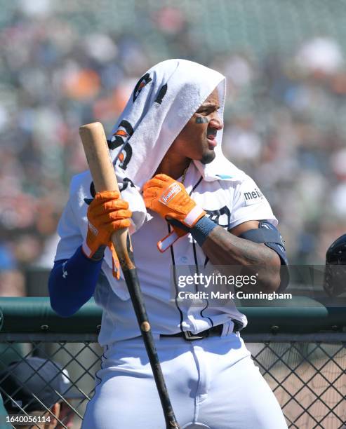 Andy Ibanez of the Detroit Tigers looks on from the dugout with a Gatorade towel over his head during the game against the New York Yankees at...