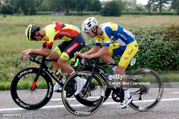 Cériel Desal of Belgium and Team Bingoal WB and Kamiel Bonneu of Belgium and Team Flanders-Baloise compete in the breakaway during the 19th Renewi...