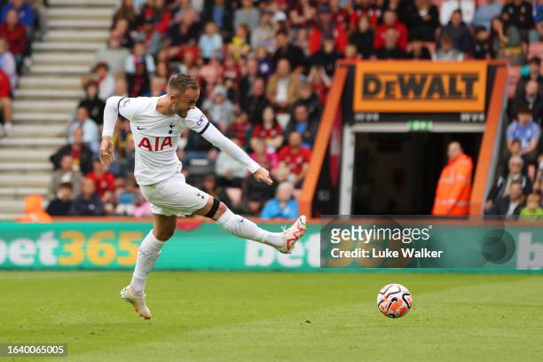 James Maddison of Tottenham Hotspur scores the team's first goal during the Premier League match between AFC Bournemouth and Tottenham Hotspur at...