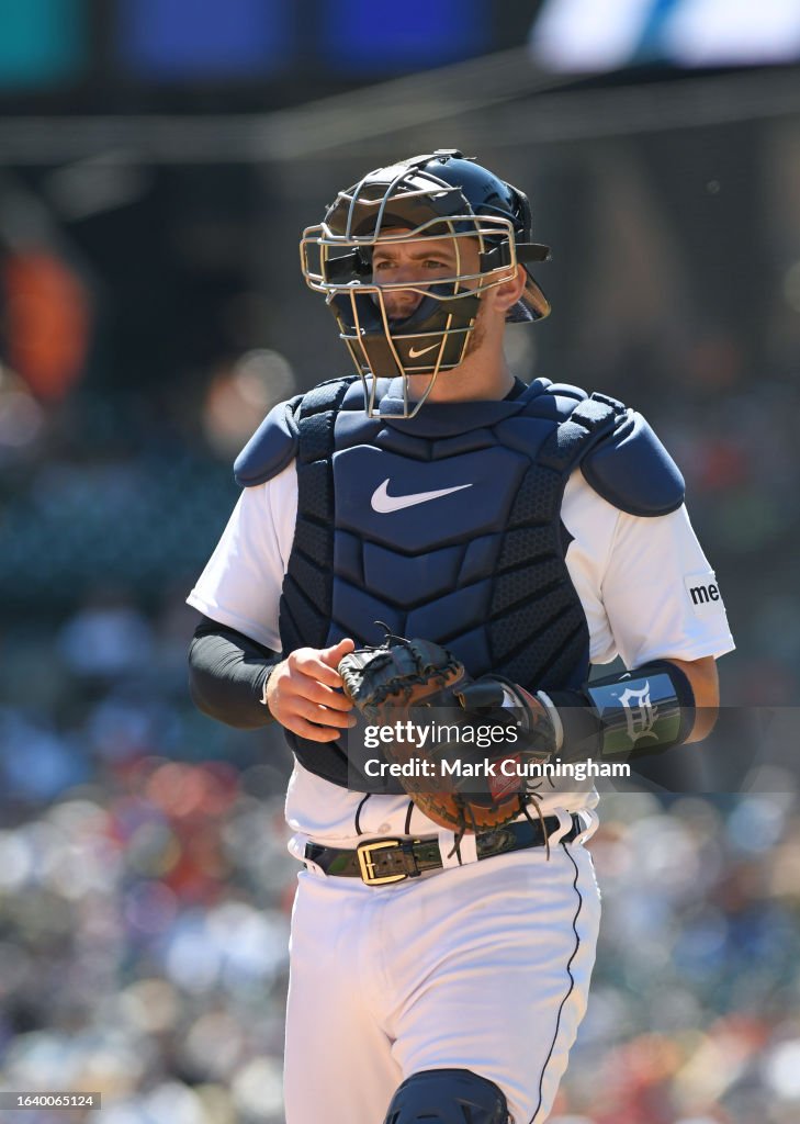 Carson Kelly of the Detroit Tigers looks on during the game