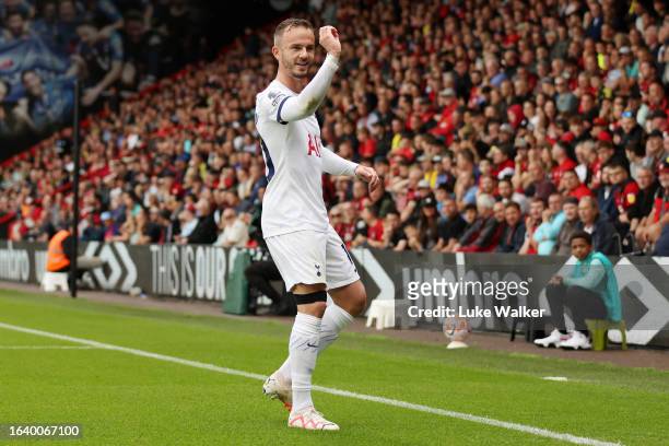 James Maddison of Tottenham Hotspur celebrates after scoring the team's first goal during the Premier League match between AFC Bournemouth and...