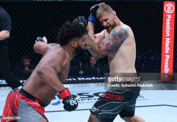 Waldo Cortes-Acosta of the Dominican Republic punches Lukasz Brzeski of Poland in a heavyweight bout during the UFC Fight Night event at Singapore...