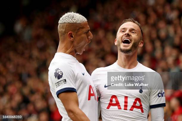 James Maddison of Tottenham Hotspur celebrates with Richarlison of Tottenham Hotspur after scoring the team's first goal during the Premier League...