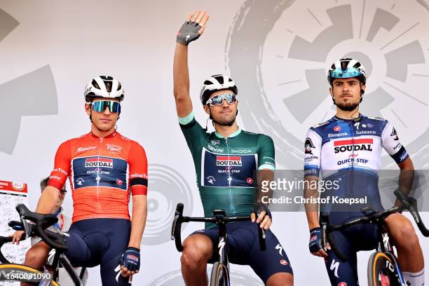 Ilan Van Wilder of Belgium - Red Leader Jersey, Ethan Vernon of The United Kingdom - Green Points Jersey and Martin Svrček of Slovakia and Team...