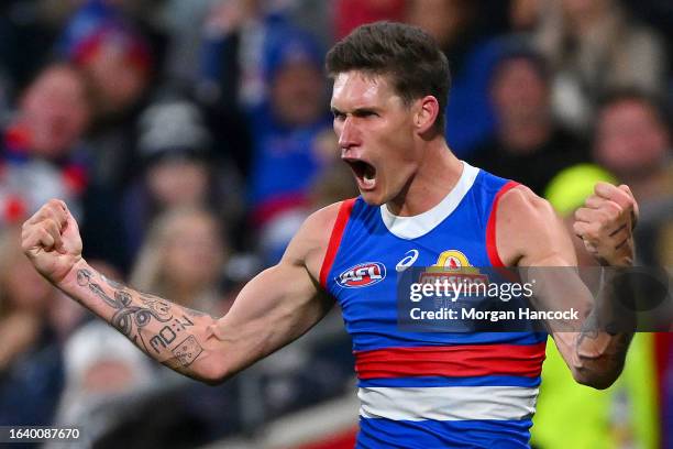 Rory Lobb of the Bulldogs celebrates a goal during the round 24 AFL match between Geelong Cats and Western Bulldogs at GMHBA Stadium, on August 26 in...