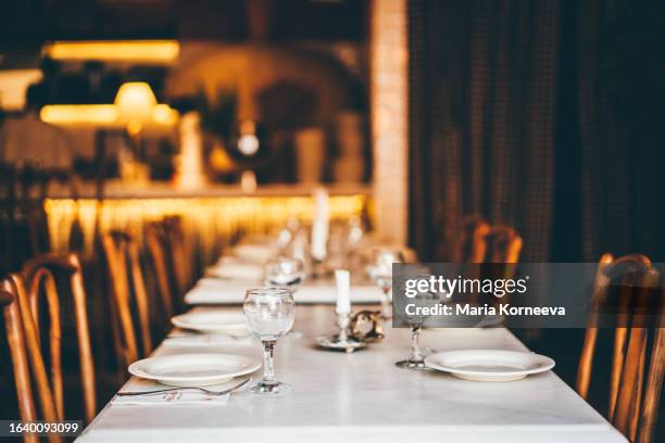 served table of modern cafe. - fine dining restaurant table stock pictures, royalty-free photos & images