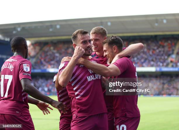 Joe Ralls of Cardiff City FC celebrates his goal against Ipswich Town during the Sky Bet Championship match between Ipswich Town and Cardiff City at...