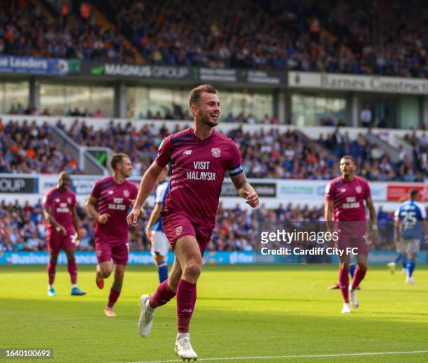 Joe Ralls of Cardiff City FC celebrates his goal against Ipswich Town during the Sky Bet Championship match between Ipswich Town and Cardiff City at...