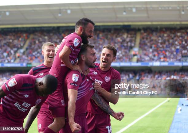 Joe Ralls of Cardiff City FC celebrates his goal against Ipswich Town during the Sky Bet Championship match between Ipswich Town and Cardiff City at...