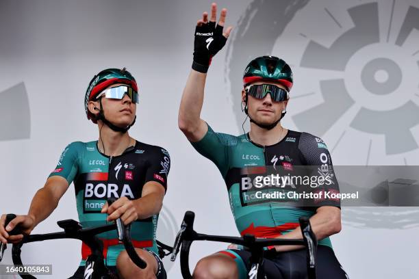 Patrick Gamper of Austria and Sam Bennett of Ireland and Team BORA - hansgrohe prior to the 38th Deutschland Tour 2023, Stage 3 a 173.8km stage from...