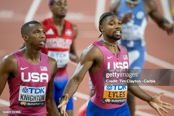August 25: Noah Lyles of the United States celebrates his gold medal win with silver medal winner Erriyon Knighton of the United States after the...