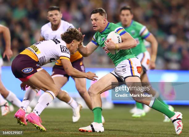 Jack Wighton of the Raiders in action during the round 26 NRL match between Canberra Raiders and Brisbane Broncos at GIO Stadium on August 26, 2023...