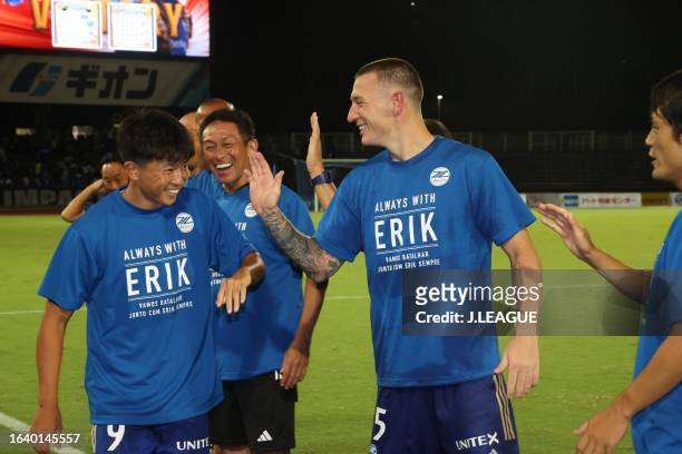 Takaya NUMATA of FC Machida Zelvia and MITCHELL DUKE of FC Machida Zelvia celebrate their victory after the J.LEAGUE Meiji Yasuda J2 32nd Sec. Match...