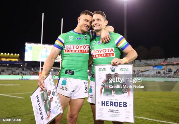 Jack Wighton and Jarrod Croker of the Raiders are pictured after the round 26 NRL match between Canberra Raiders and Brisbane Broncos at GIO Stadium...