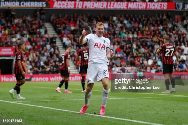 Dejan Kulusevski of Tottenham Hotspur celebrates after scoring the team's second goal during the Premier League match between AFC Bournemouth and...