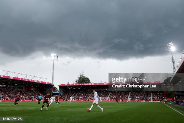 General view as rain clouds pass over the stadium during the Premier League match between AFC Bournemouth and Tottenham Hotspur at Vitality Stadium...