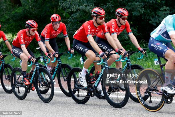 Alan Riou of France and Arnaud Démare of France, Clément Russo of France and Daniel Mclay of Ireland and Team Arkéa-Samsic compete during the 19th...