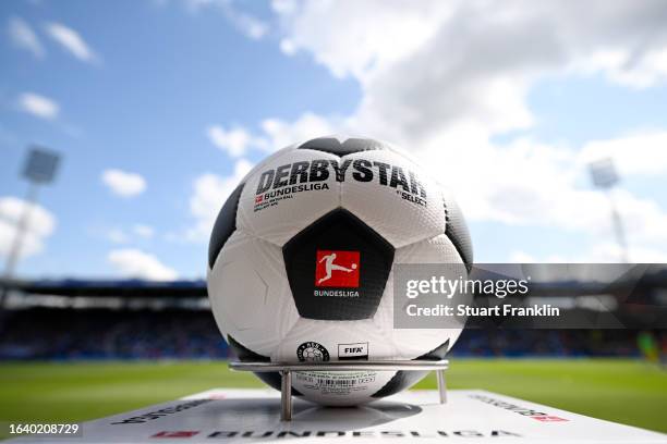 The new Official Bundesliga Matchball, the Derbystar, is seen ahead of the Bundesliga match between VfL Bochum 1848 and Borussia Dortmund at Vonovia...