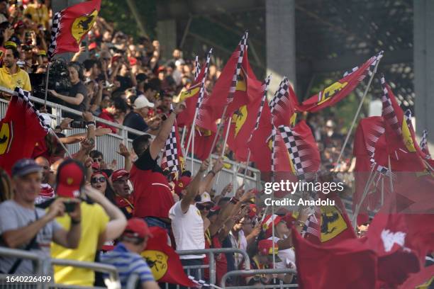 Ferrari fans celebrate during qualifying ahead of the F1 Grand Prix of Italy at Autodromo Nazionale Monza on September 02, 2023 in Monza, Italy.