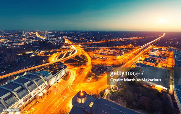 berlin skyline on "icc berlin" with traffic - international congress center stock pictures, royalty-free photos & images