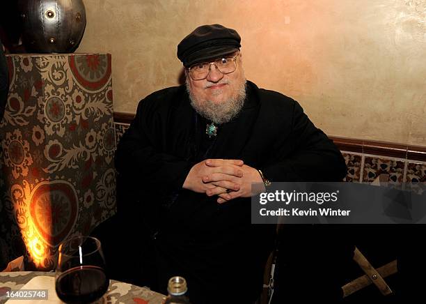 Author George R.R. Martin poses at the after party for the premiere of HBO's "Game Of Thrones" at the Roosevelt Hotel on March 18, 2013 in Los...