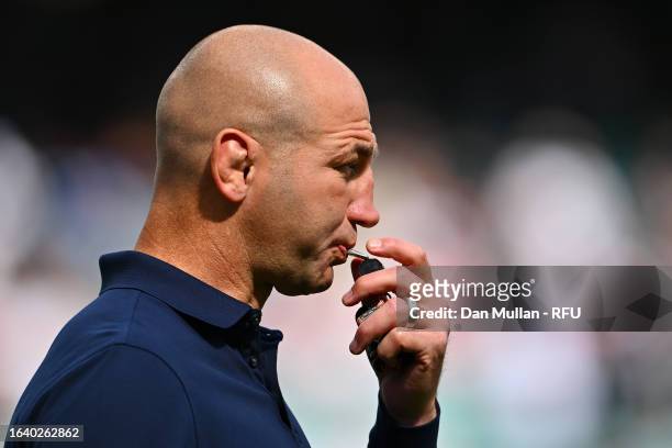 Steve Borthwick, Head Coach of England, blows a whistle in the warm up ahead of the Summer International match between England and Fiji at Twickenham...