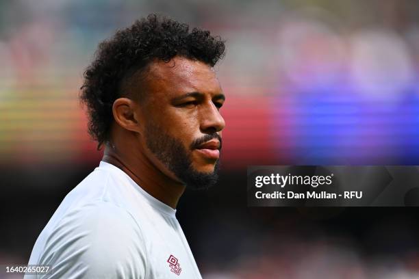 Courtney Lawes of England looks on ahead of the Summer International match between England and Fiji at Twickenham Stadium on August 26, 2023 in...