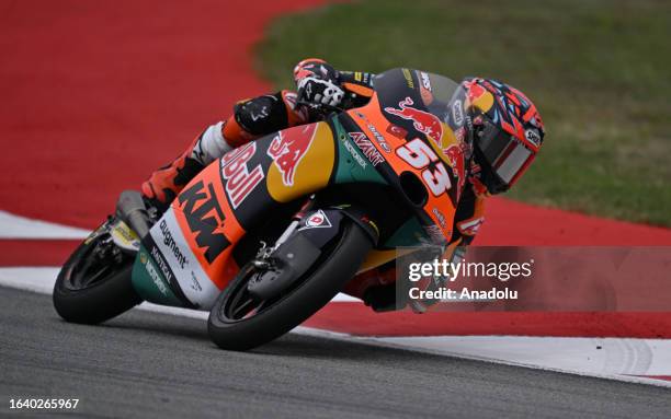 Deniz Oncu of Turkiye and Red Bull KTM Ajo competes during the Qualifying of the Moto3 at Circuit de Barcelona-Catalunya on September 02, 2023 in...