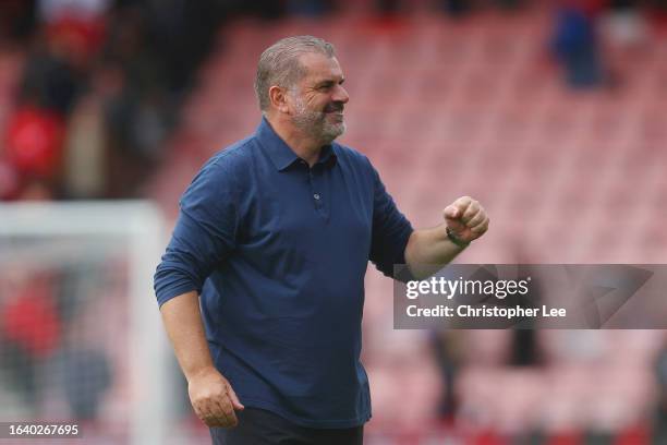 Ange Postecoglou, Manager of Tottenham Hotspur, celebrates following the team's victory in the Premier League match between AFC Bournemouth and...