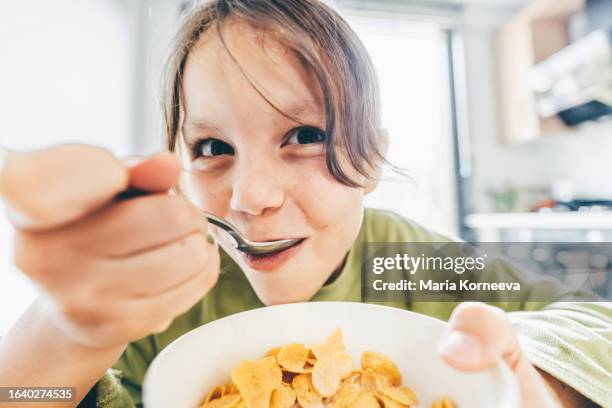 сute girl eating corn flakes with milk for breakfast. - ontbijtgranen stockfoto's en -beelden
