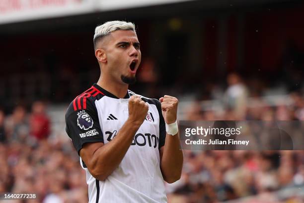 Andreas Pereira of Fulham celebrates after scoring the team's first goal during the Premier League match between Arsenal FC and Fulham FC at Emirates...